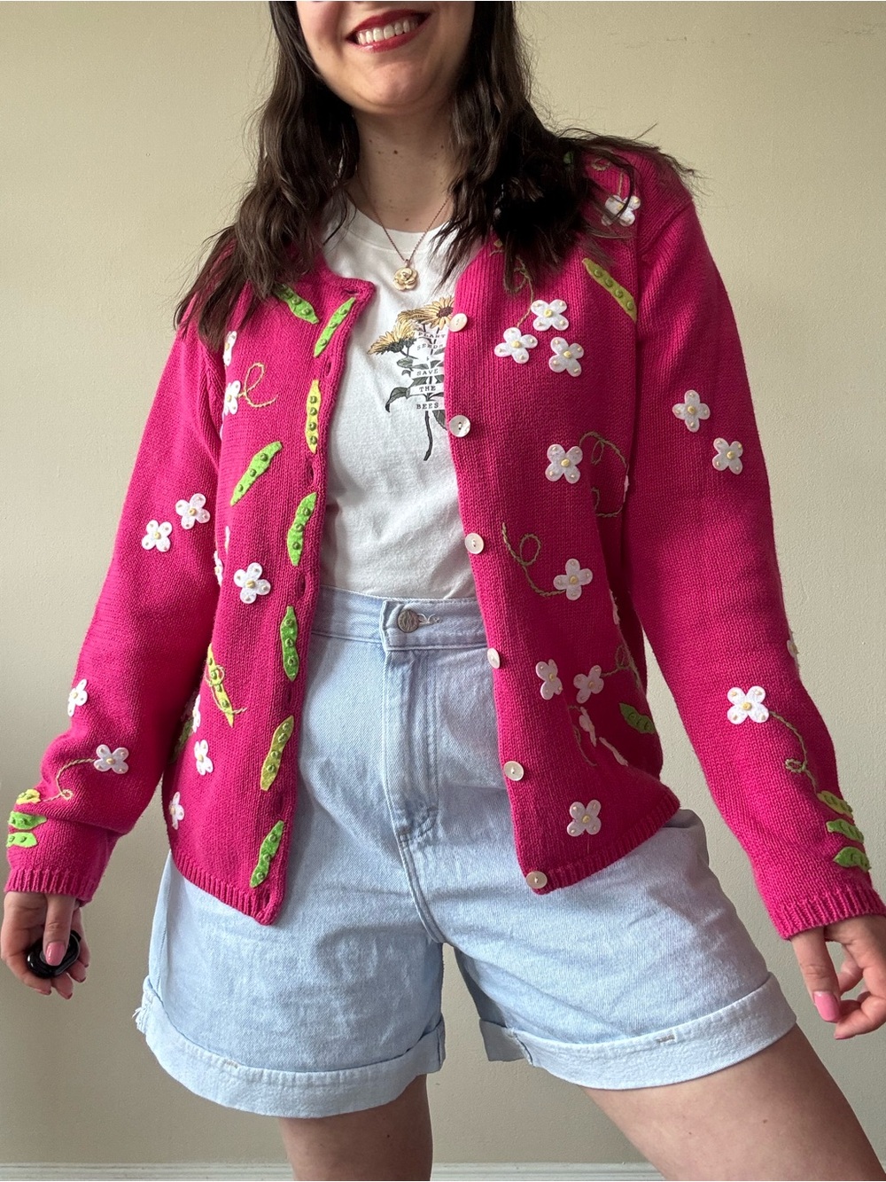 Vintage Talbots Fuchsia Floral Pea Embroidered Button-Front Cardigan